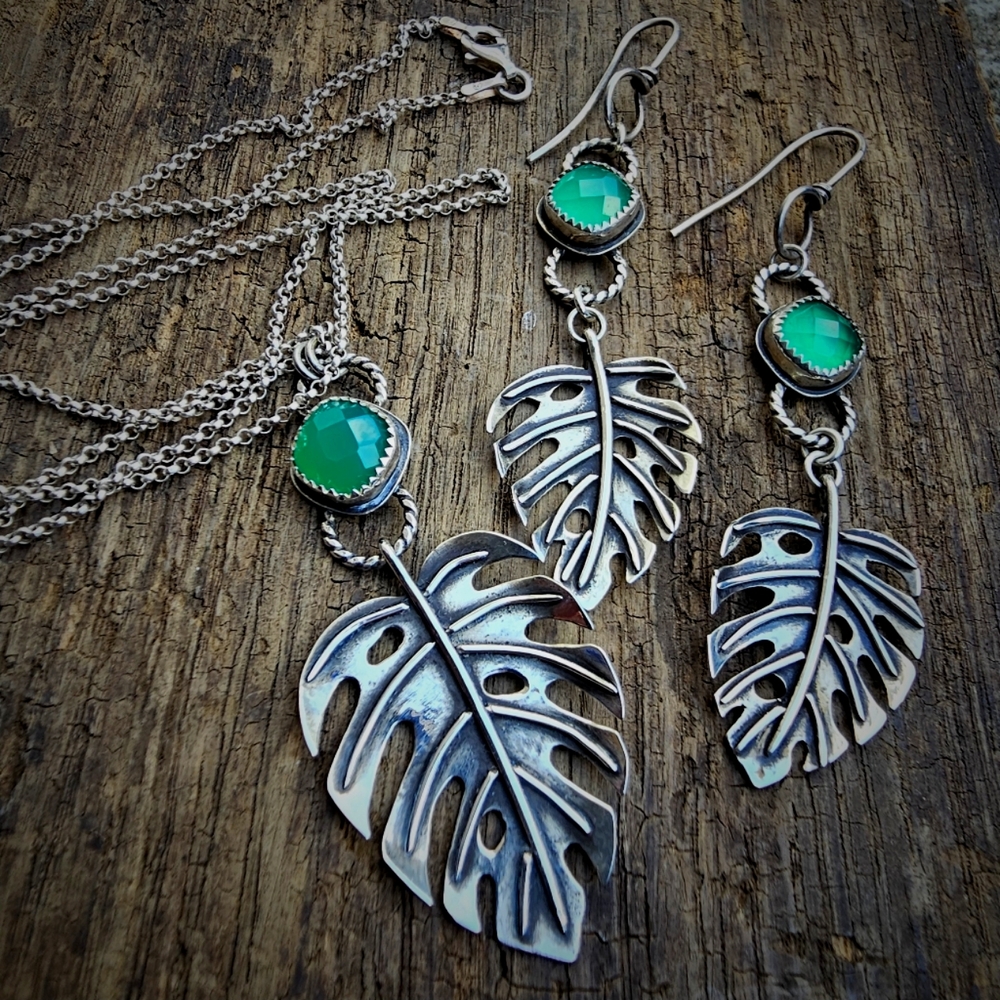 Sterling Silver Green Chalcedony Monstera Jewelry Set.